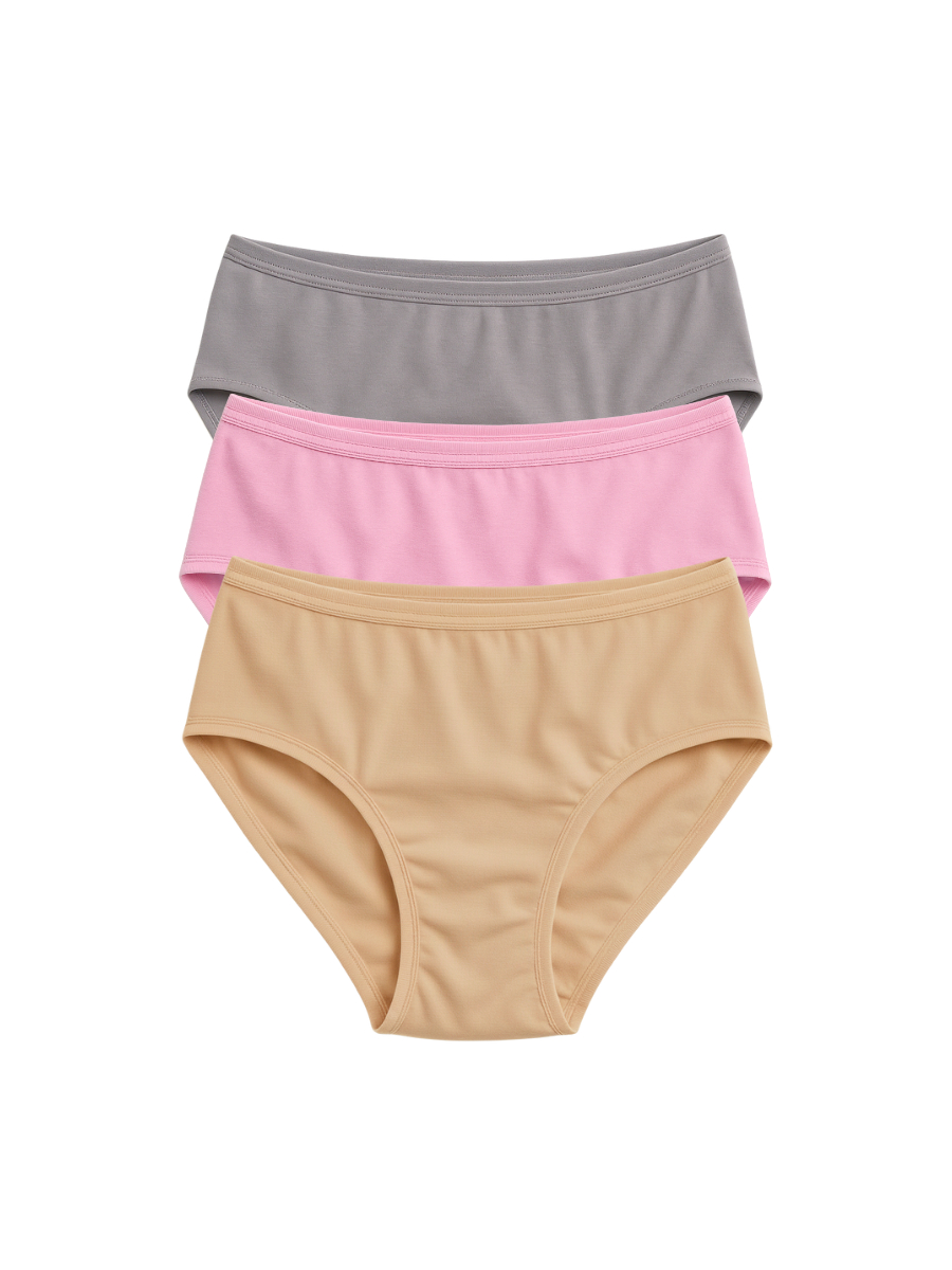 Mid Waist Hipster Panty With Outer Elastic Bundle Of 3 -- ( Grey, Beige, & Baby Pink )