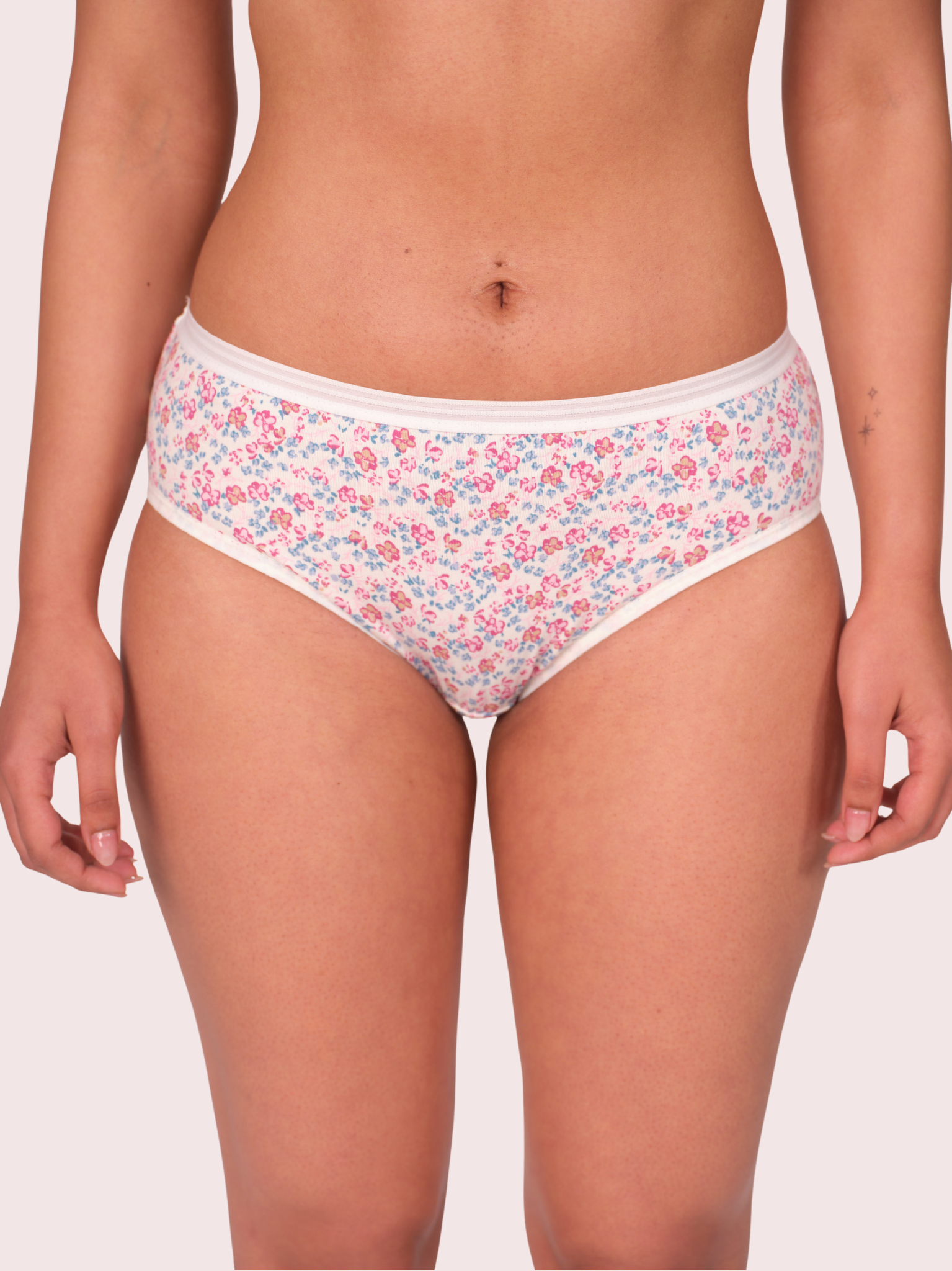 Mid Waist Hipster Panty Bundle With Outer Elastic - (2 Floral, 2 Checks, 1 Polka Dots)