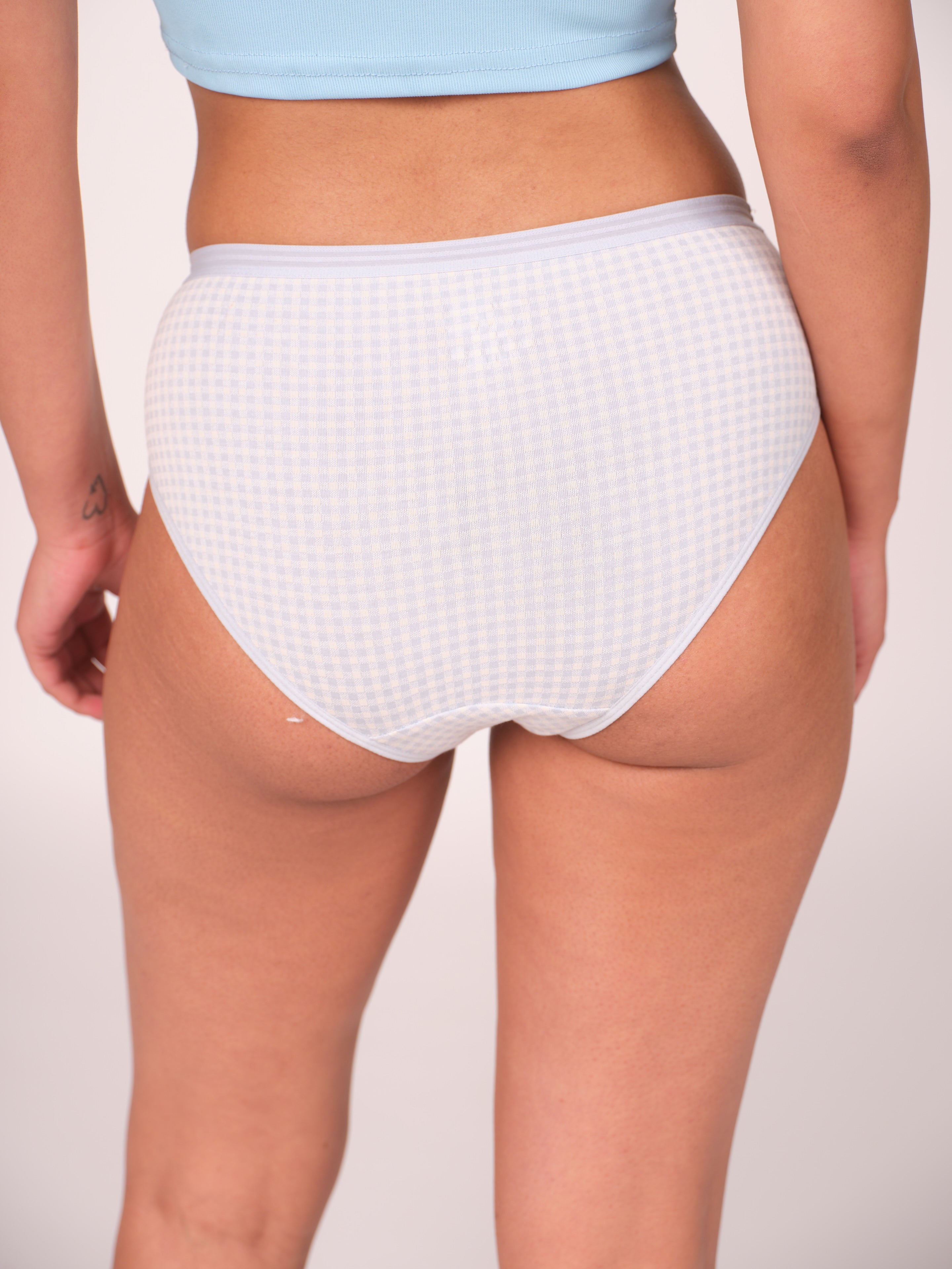 Mid Waist Hipster Panty Bundle With Outer Elastic - (2 Floral, 2 Checks, 1 Polka Dots)