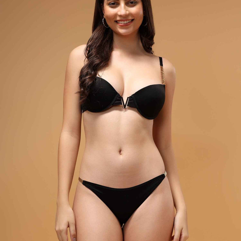 Women Bridal Black Solid Lingerie Set
