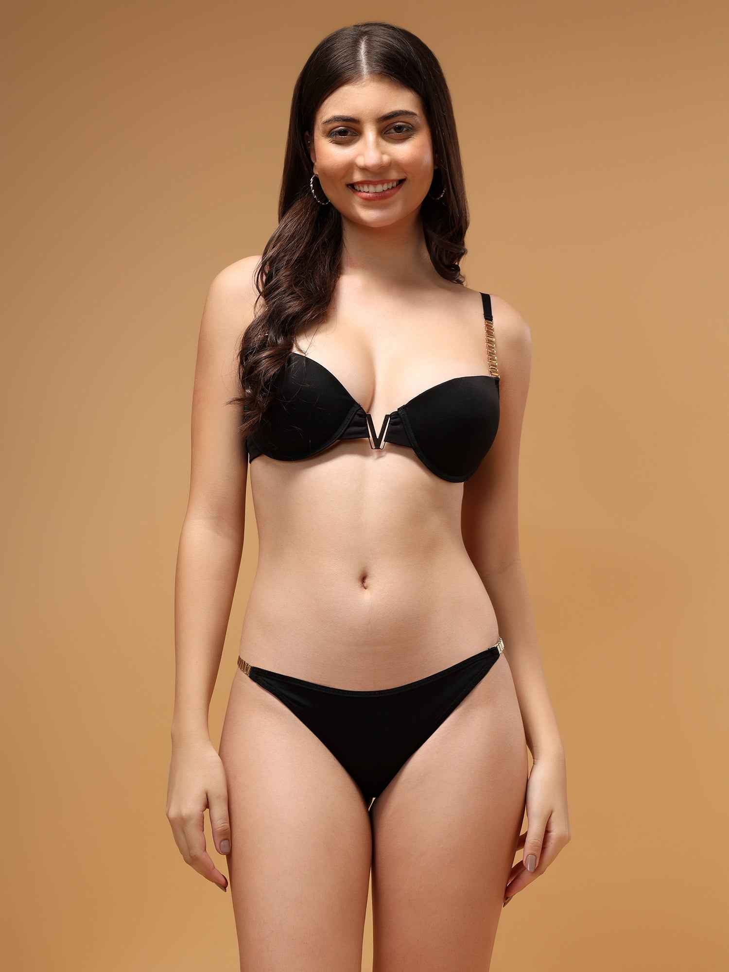 Women Bridal Black Solid Lingerie Set