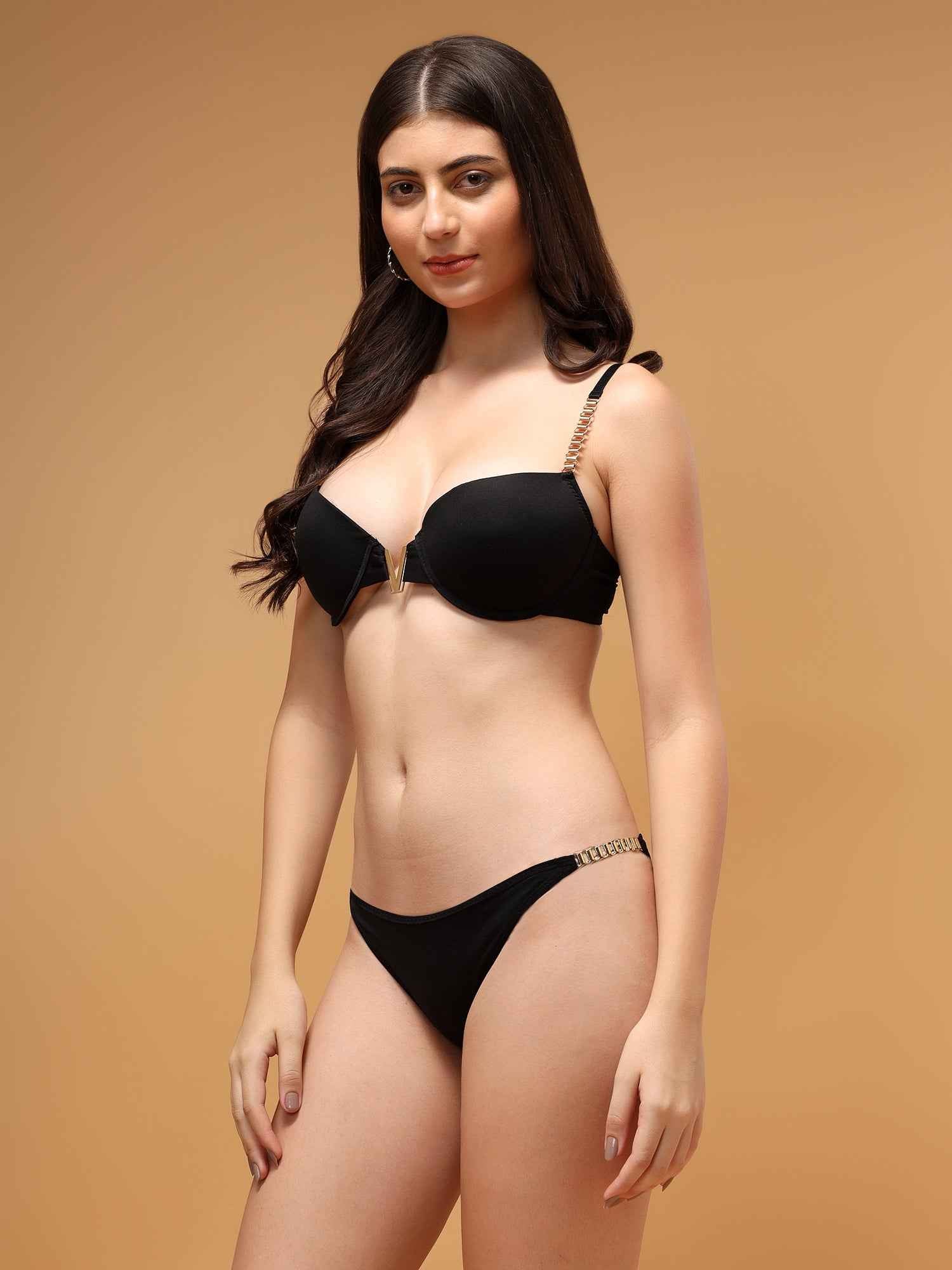 Women Bridal Black Solid Lingerie Set