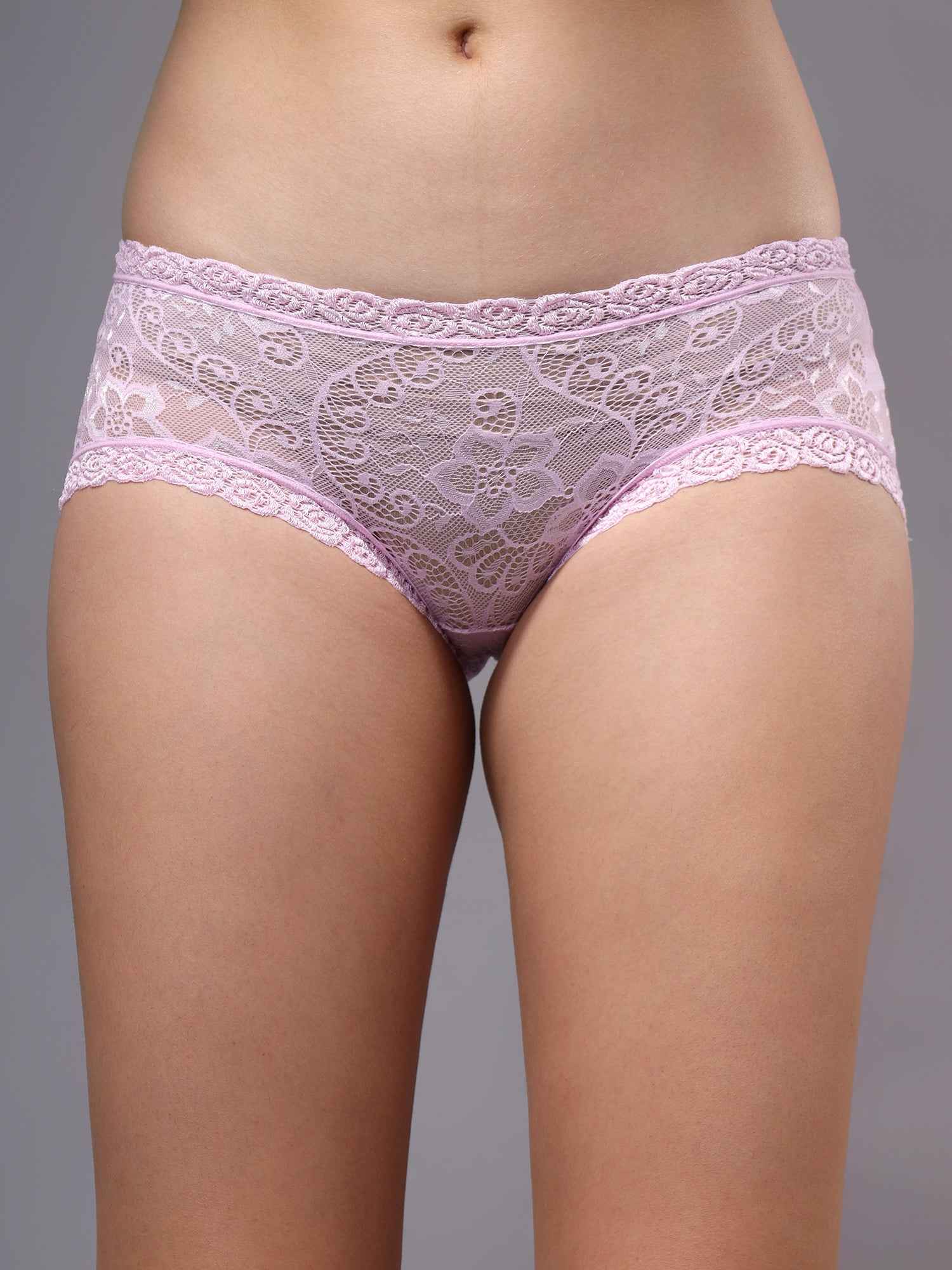 Women Front Lace Net Back Cotton Mid-Waist Hipster Panties