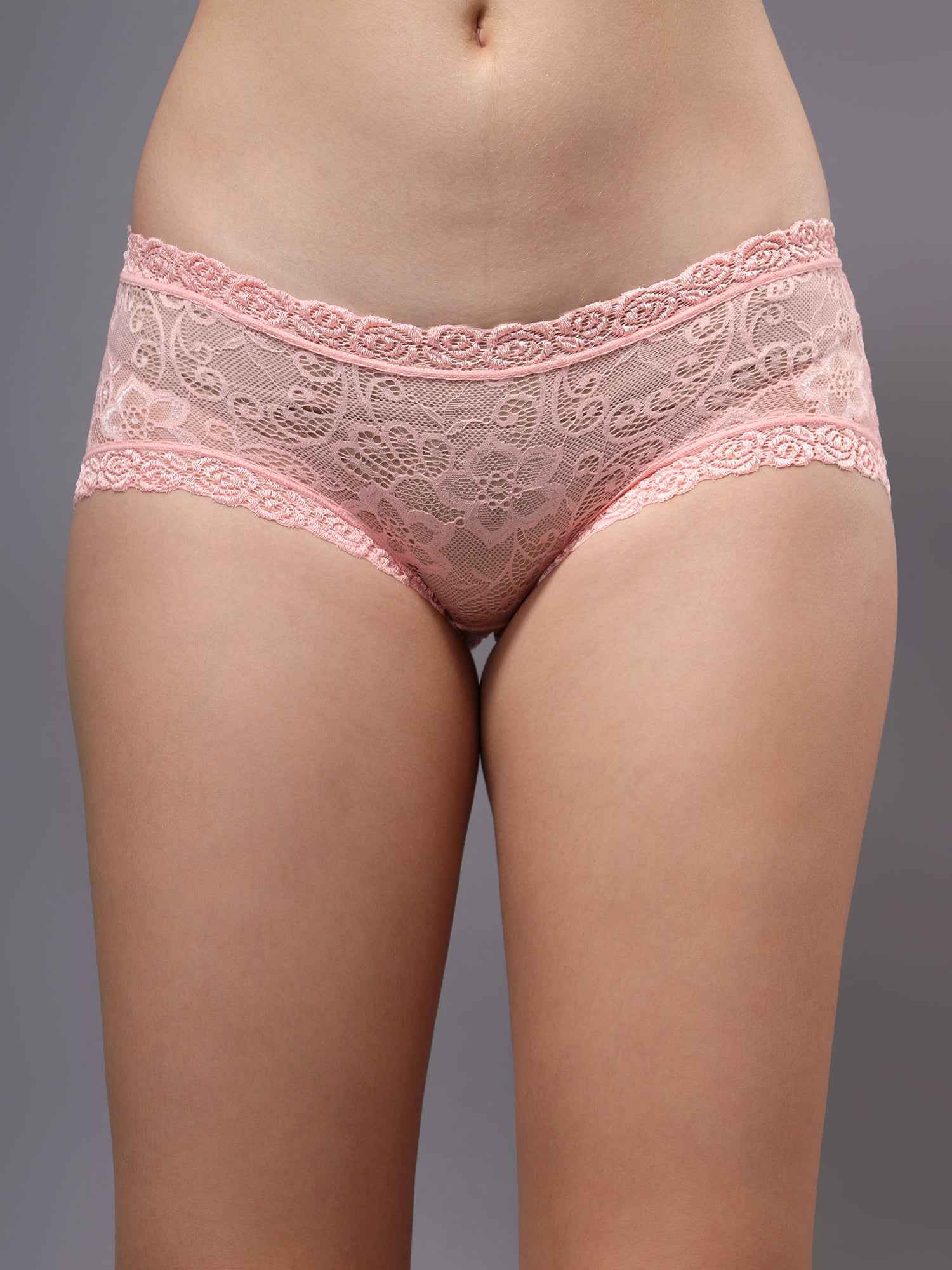 Women Front Lace Net Back Cotton Mid-Waist Hipster Panties