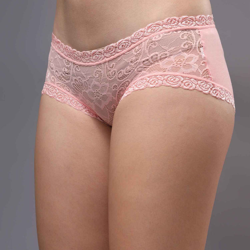 Women Front Lace Net Back Cotton Mid-Waist Hipster Panties