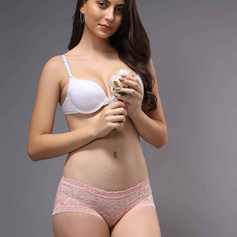 Women Front Lace Net Back Cotton Mid-Waist Hipster Panties