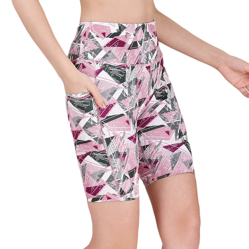 SOIE Woman - High Waist Knee Length Printed Sports Shorts With Pocket - Athleisure Shorts -for Women