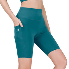 SOIE Woman - High Waist Knee Length Solid Sports Shorts With Pocket - Athleisure Shorts -for Women