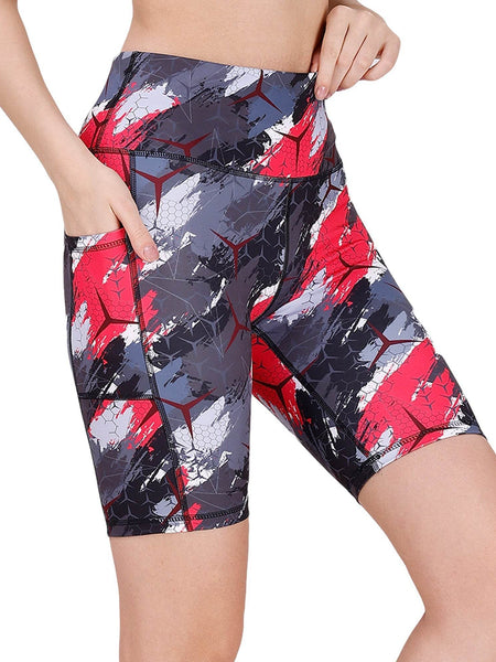 SOIE Woman - High Waist Knee Length Printed Sports Shorts With Pocket - Athleisure Shorts -for Women