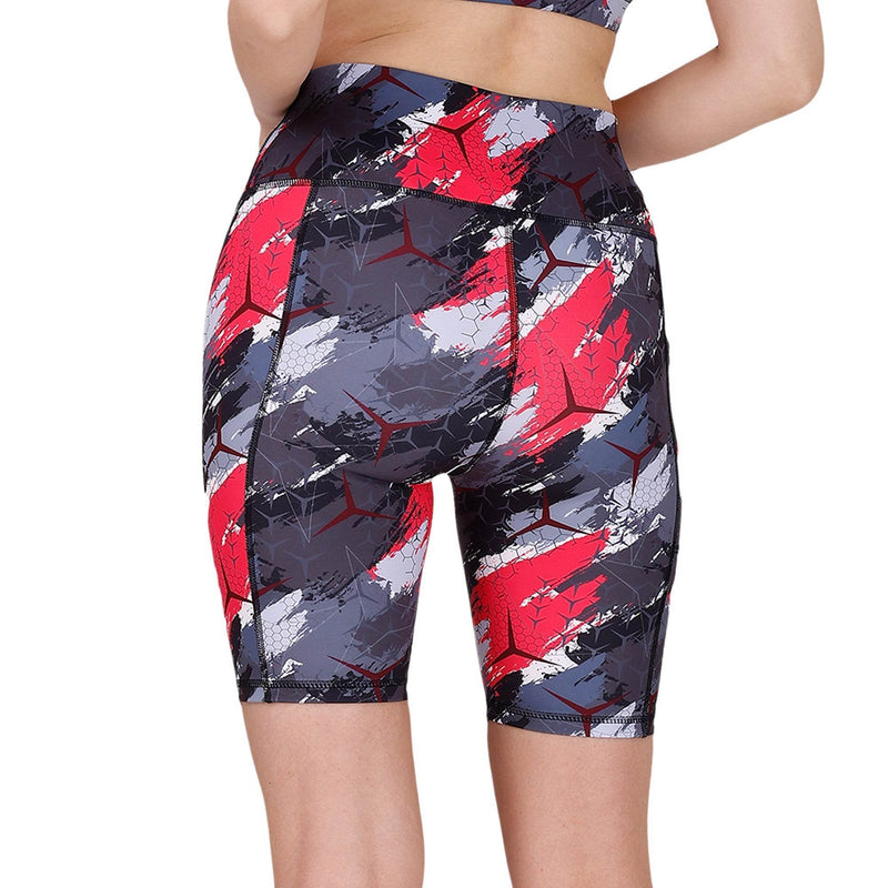 SOIE Woman - High Waist Knee Length Printed Sports Shorts With Pocket - Athleisure Shorts -for Women