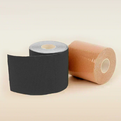 Two rolls of tape, one black and one brown, on a beige background
