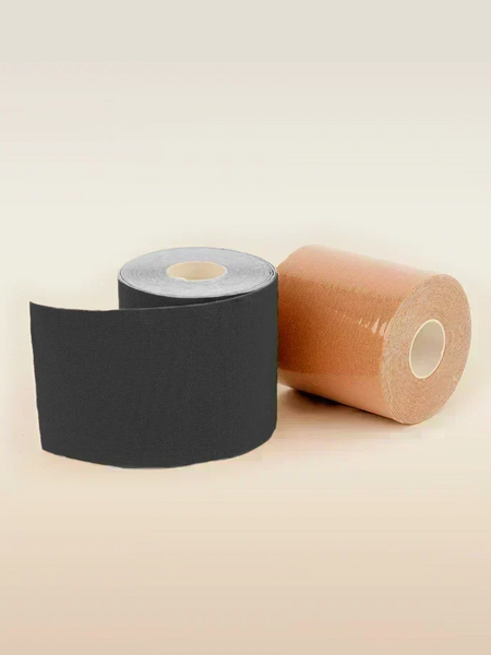 Two rolls of tape, one black and one brown, on a beige background