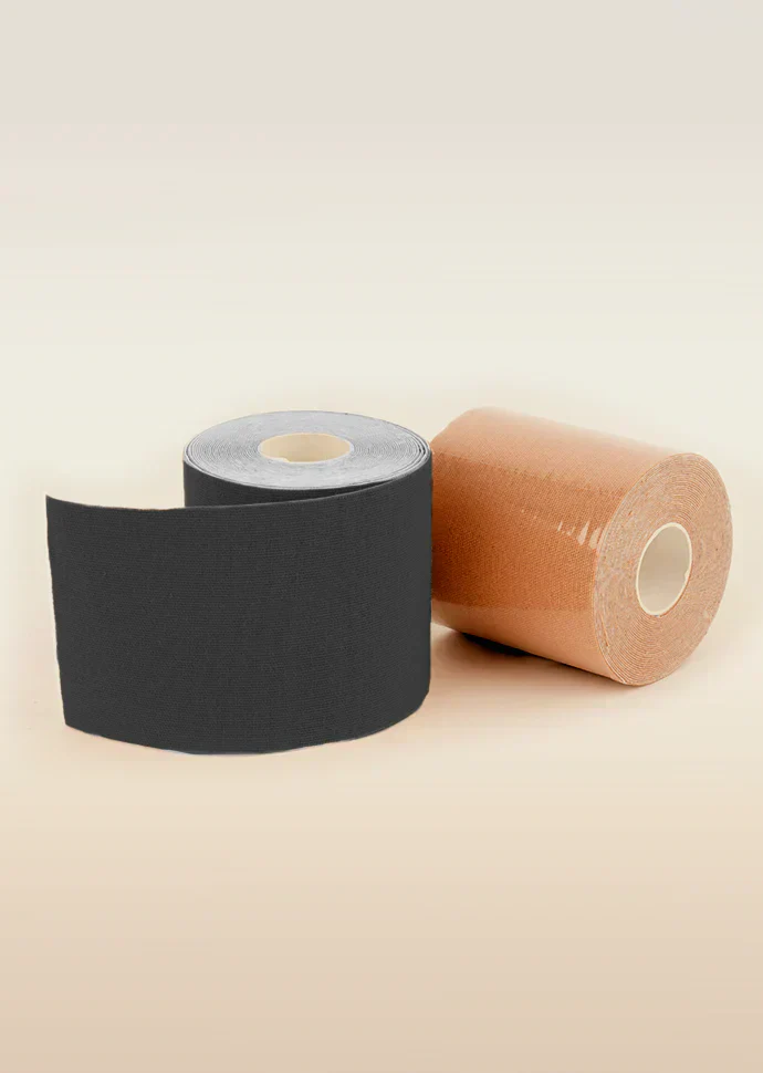 Two rolls of tape, one black and one brown, on a beige background