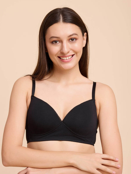 SOIE Woman - Lightly Padded Non wired Full Coverage Cotton T-shirt Bra with Lace Trim - Bra -for Women
