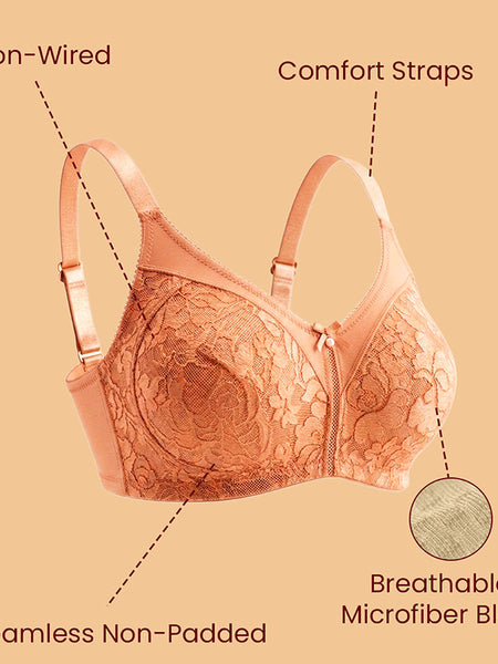 MAROON Nude Collection Seamless Non-Padded Non-wired Full Coverage Silhouette With Comfort Straps Breathable Microfiber Blend Women Minimizer Bra. Warm Sand