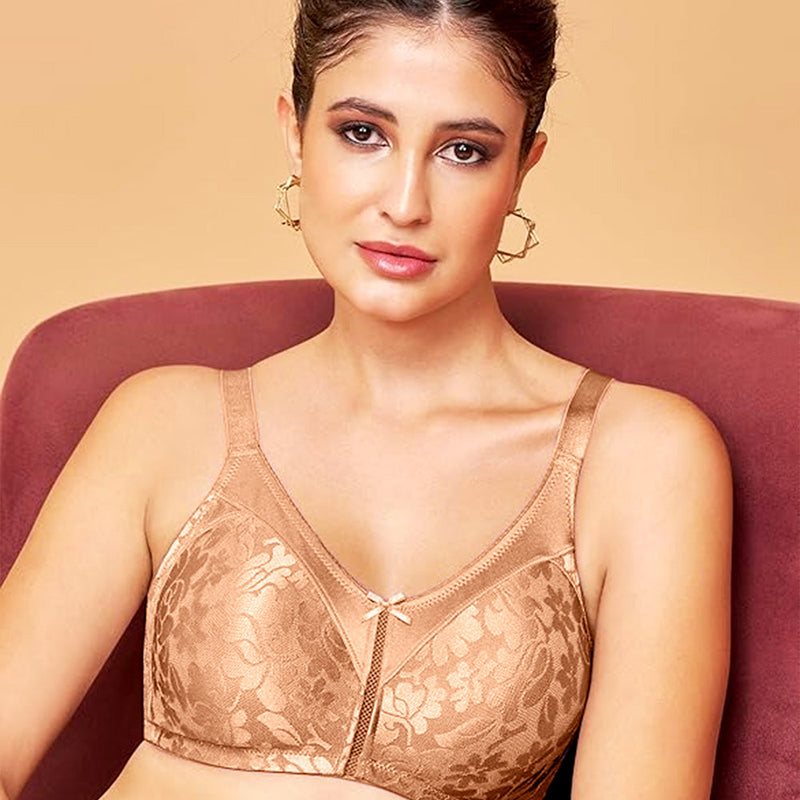MAROON Nude Collection Seamless Non-Padded Non-wired Full Coverage Silhouette With Comfort Straps Breathable Microfiber Blend Women Minimizer Bra. Warm Sand
