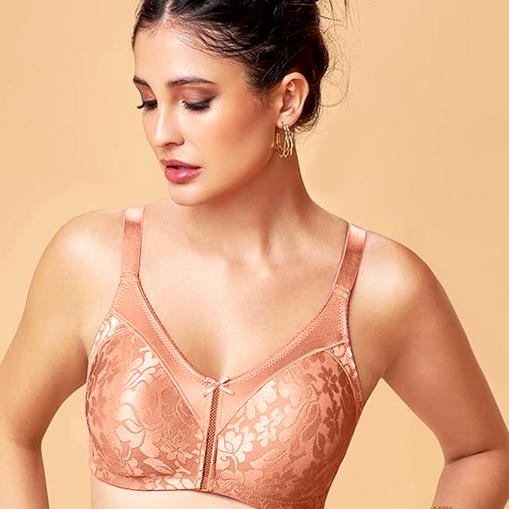 MAROON Nude Collection Seamless Non-Padded Non-wired Full Coverage Silhouette With Comfort Straps Breathable Microfiber Blend Women Minimizer Bra. Rose Satin