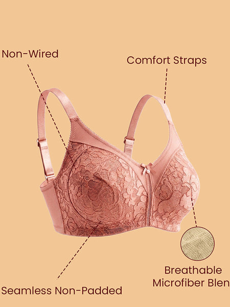 MAROON Nude Collection Seamless Non-Padded Non-wired Full Coverage Silhouette With Comfort Straps Breathable Microfiber Blend Women Minimizer Bra. Rose Satin