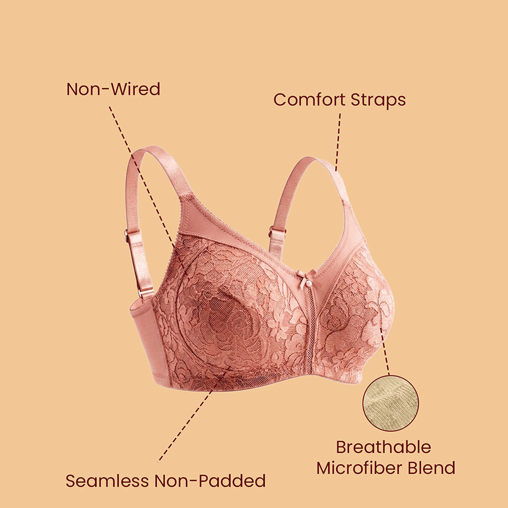 MAROON Nude Collection Seamless Non-Padded Non-wired Full Coverage Silhouette With Comfort Straps Breathable Microfiber Blend Women Minimizer Bra. Rose Satin