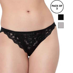 Set Of 2 Black & Grey Mid-Rise Net Self Design Panties Bikini Briefs