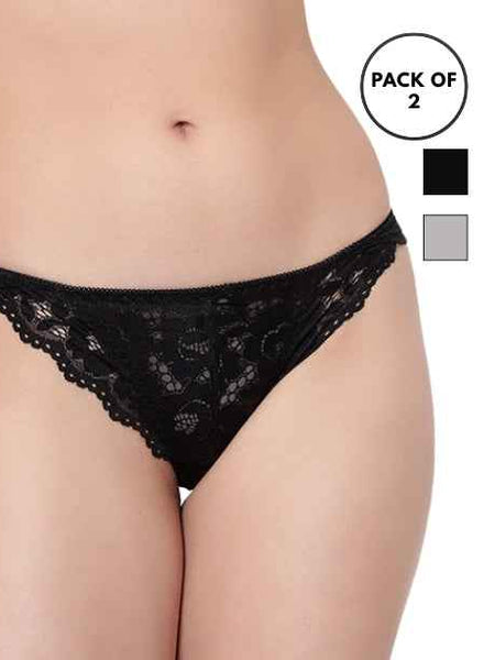 Set Of 2 Black & Grey Mid-Rise Net Self Design Panties Bikini Briefs