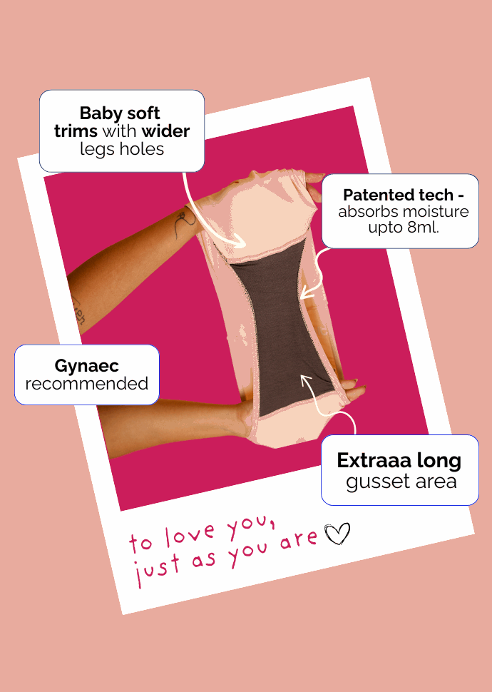 beige underwear with text highlighting features on a pink background