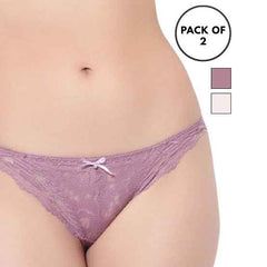 Set Of 2 Purple & Peach Mid-Rise Net Self Design Panties Bikini Briefs