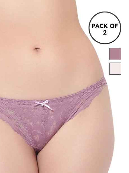 Set Of 2 Purple & Peach Mid-Rise Net Self Design Panties Bikini Briefs