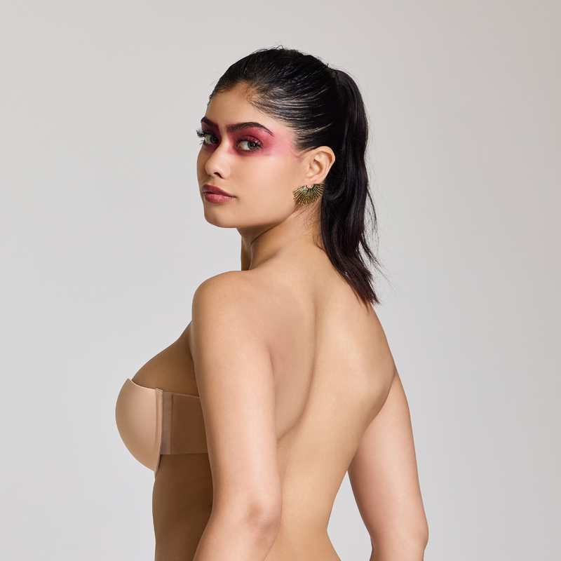 MAROON Strapless Seamless Silicone Invisible Bra Breast Lifting Dress Half Coverage Nylon Lightly Padded Transparent Back Underwire Party wear Stick-on Bra