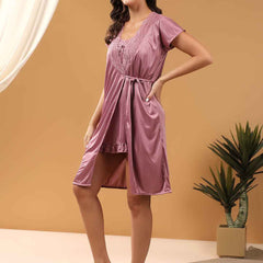 Women 2 Pieces Bridal Purple Satin lace Self Design Night Wear Lingerie Babydoll Set