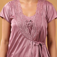 Women 2 Pieces Bridal Purple Satin lace Self Design Night Wear Lingerie Babydoll Set