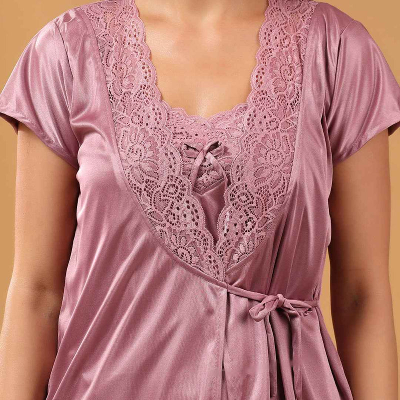 Women 2 Pieces Bridal Purple Satin lace Self Design Night Wear Lingerie Babydoll Set