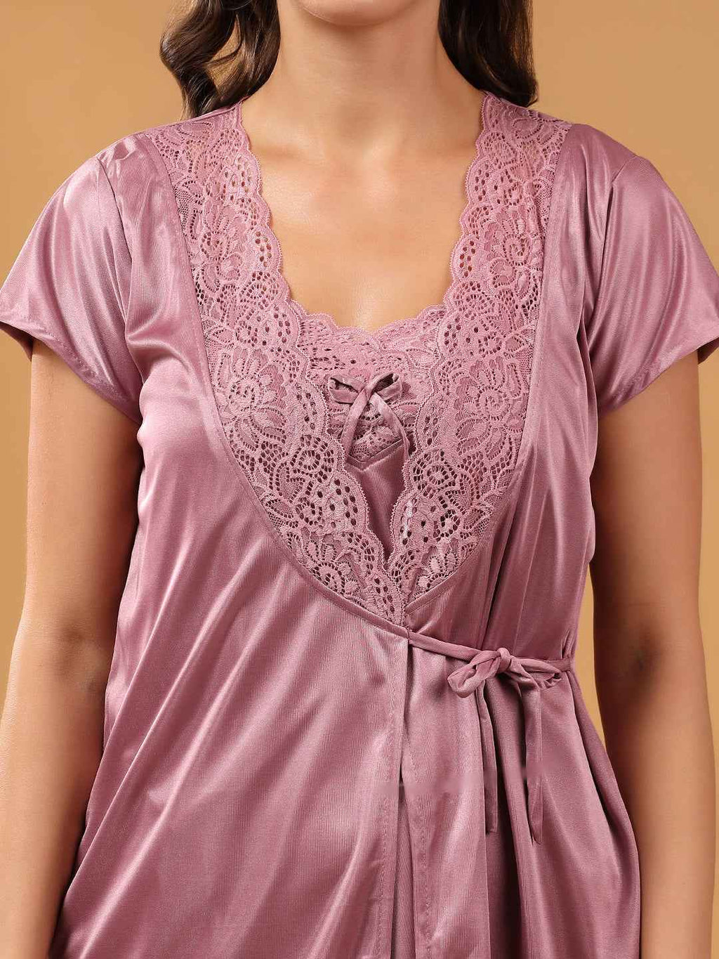 Women 2 Pieces Bridal Purple Satin lace Self Design Night Wear Lingerie Babydoll Set