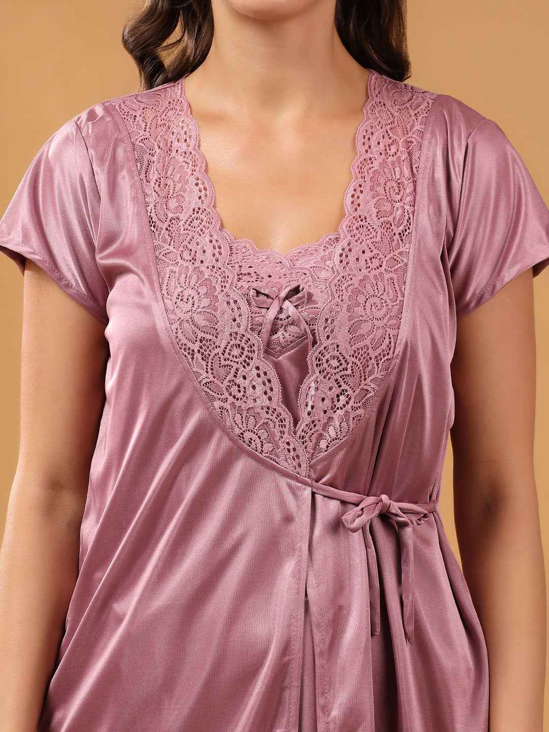 Women 2 Pieces Bridal Purple Satin lace Self Design Night Wear Lingerie Babydoll Set