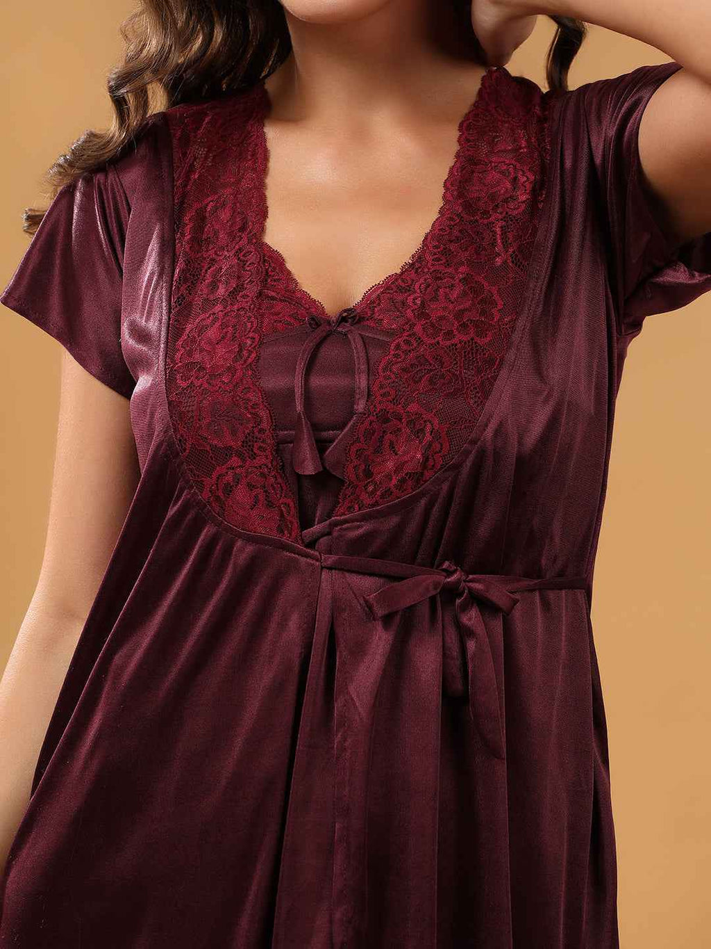 Women 2 Pieces Bridal Maroon Satin lace Self Design Night Wear Lingerie Babydoll Set