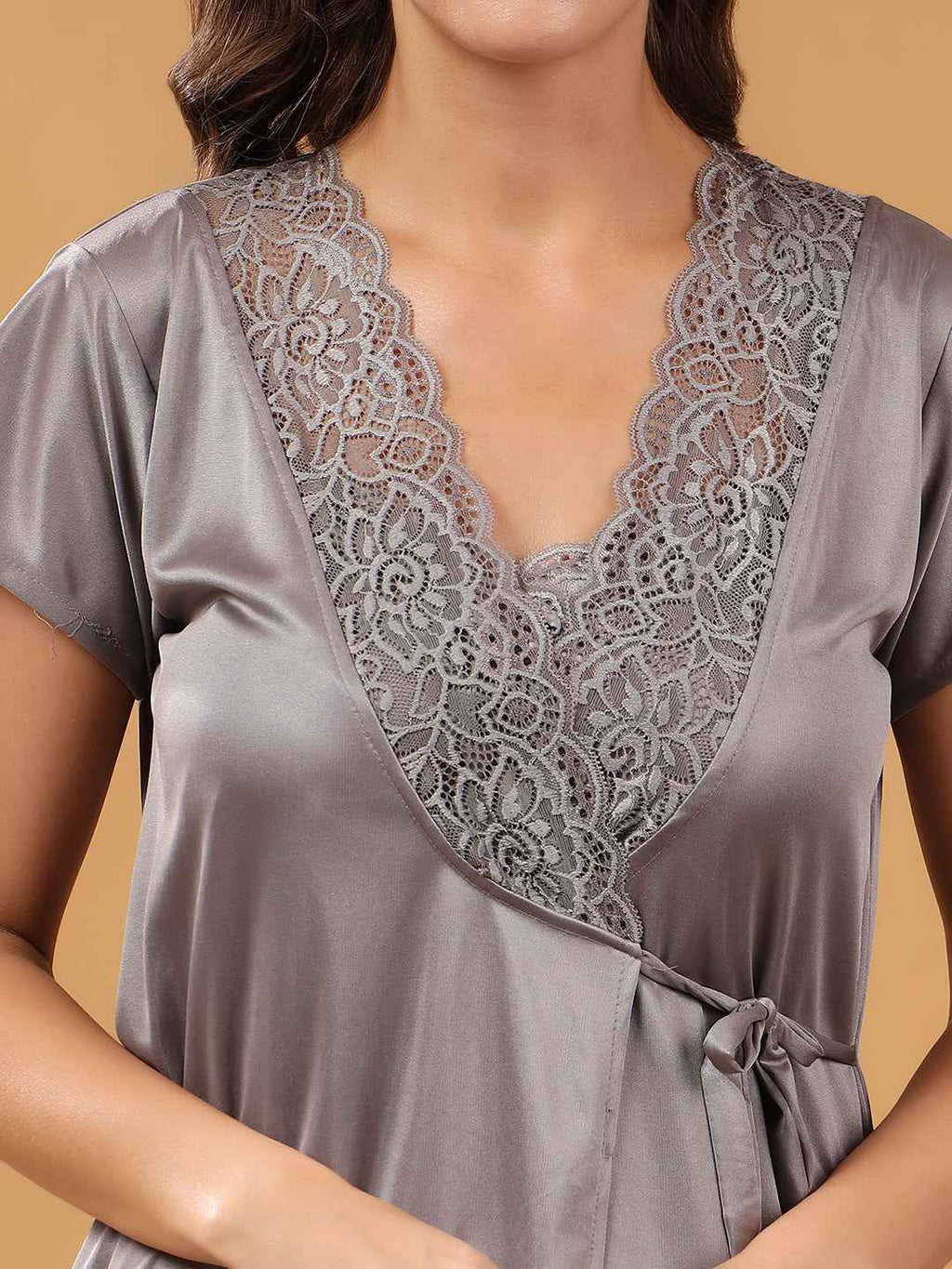 Women 2 Pieces Bridal Grey Satin lace Self Design Night Wear Lingerie Baby doll Set