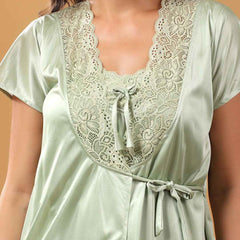 Women 2 Pieces Bridal Green Satin lace Self Design Night Wear Lingerie Babydoll Set