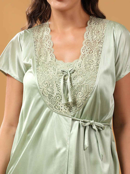Women 2 Pieces Bridal Green Satin lace Self Design Night Wear Lingerie Babydoll Set