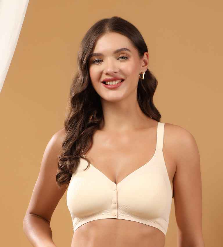 Women Beige Full Coverage Front Open Maternity Breastfeeding Bra