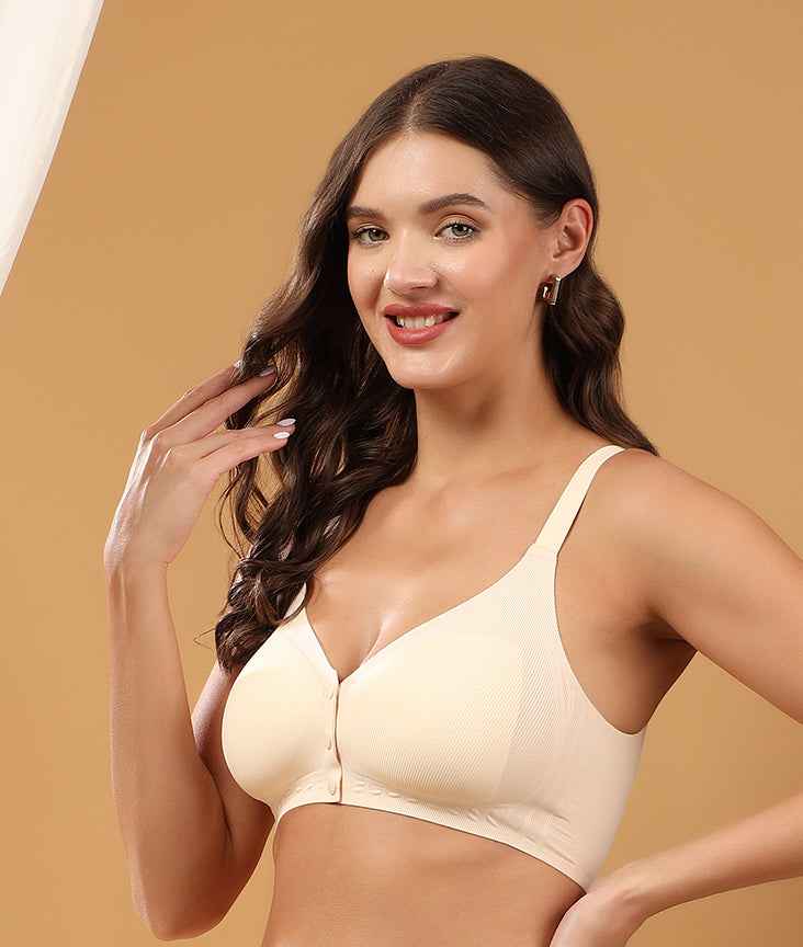 Women Beige Full Coverage Front Open Maternity Breastfeeding Bra