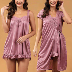 Women 2 Pieces Bridal Purple Satin lace Self Design Night Wear Lingerie Babydoll Set