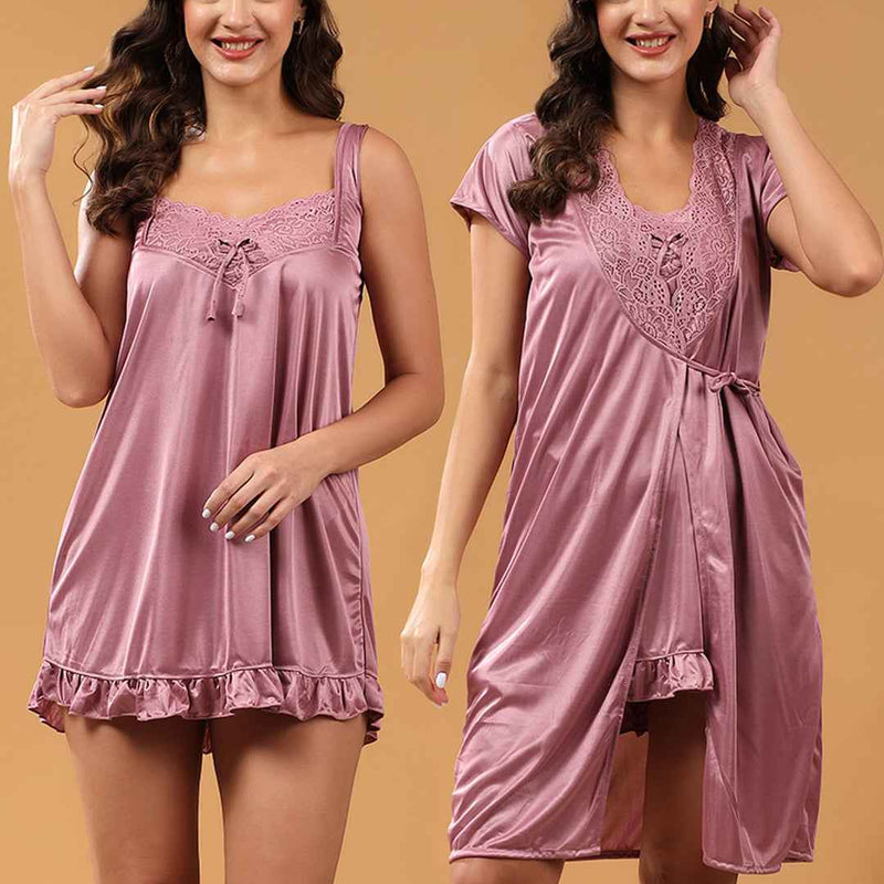 Women 2 Pieces Bridal Purple Satin lace Self Design Night Wear Lingerie Babydoll Set