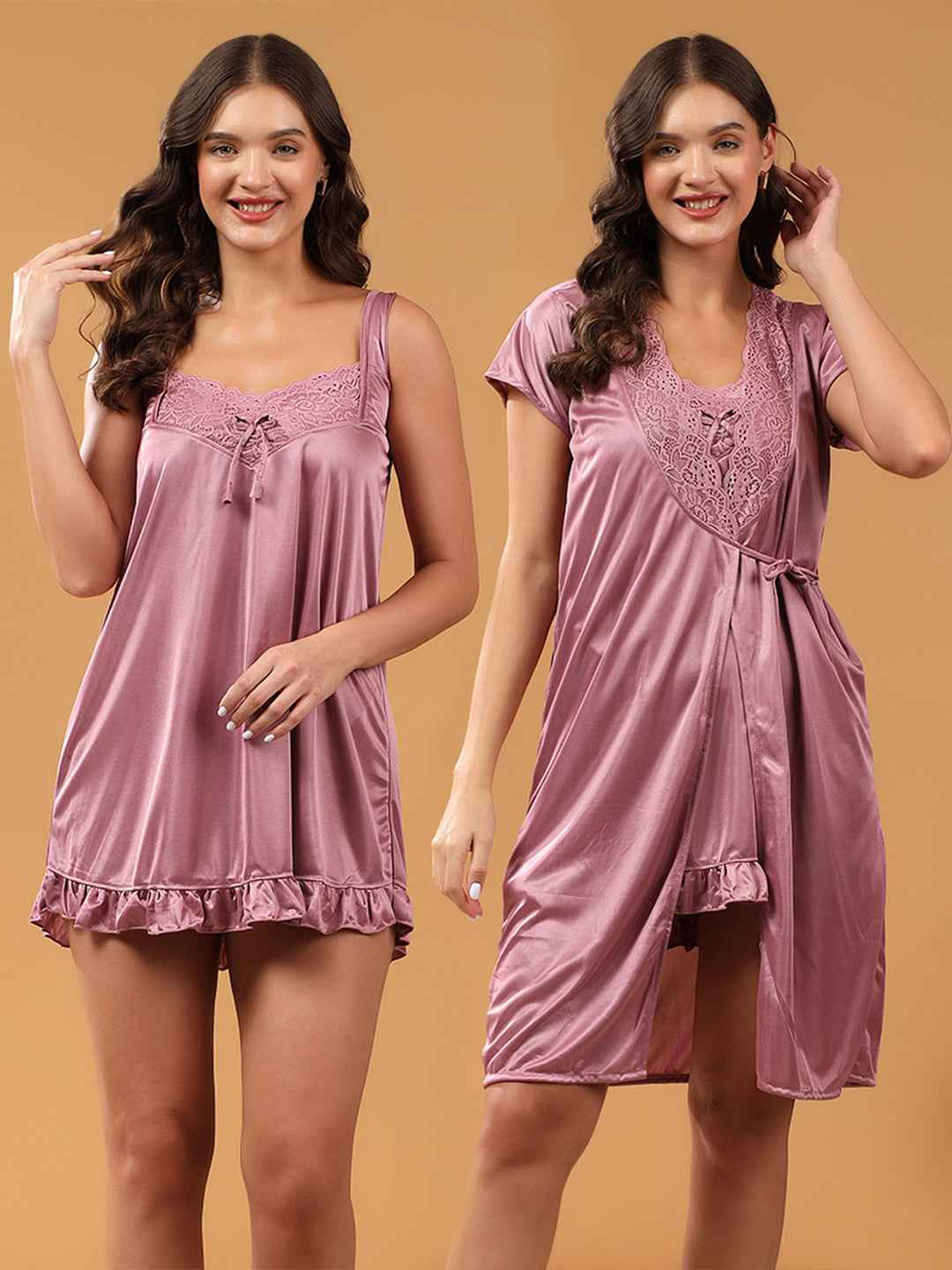 Women 2 Pieces Bridal Purple Satin lace Self Design Night Wear Lingerie Babydoll Set