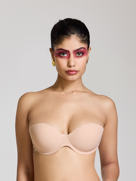 MAROON Strapless Seamless Silicone Invisible Bra Breast Lifting Dress Half Coverage Nylon Lightly Padded Transparent Back Underwire Party wear Stick-on Bra