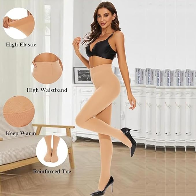 Women Beige Solid Winter Warm Fleece Lined Soft Touch Thick Velvet Tights Footed Thermal Stockings - Brachy