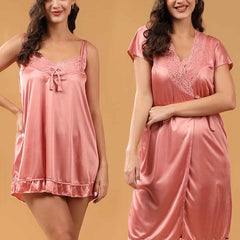 Women 2 Pieces Bridal Peach Satin lace Self Design Night Wear Lingerie Baby doll Set