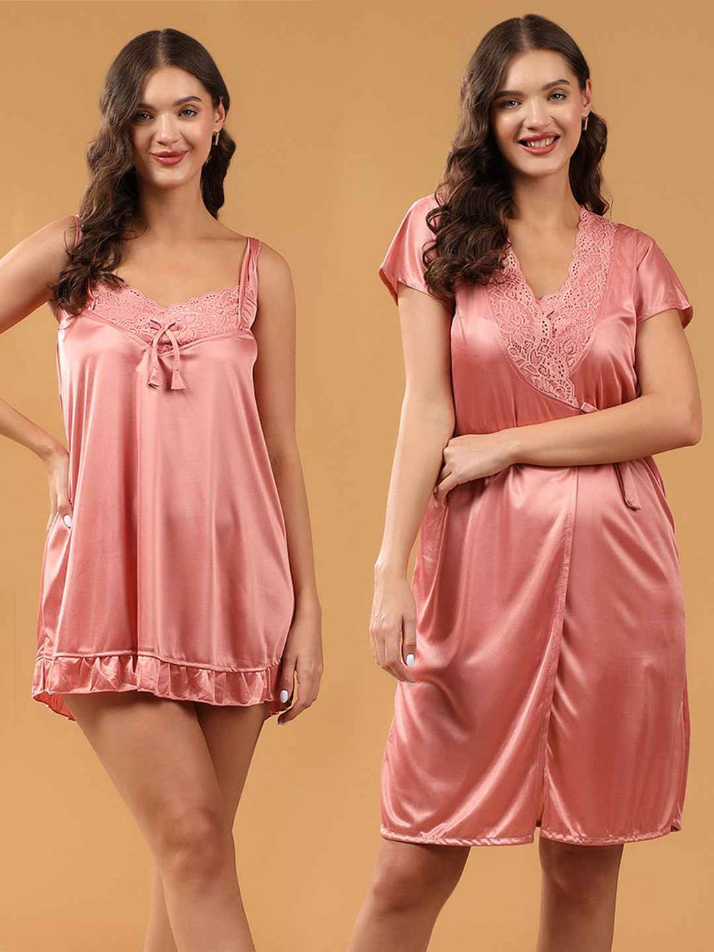 Women 2 Pieces Bridal Peach Satin lace Self Design Night Wear Lingerie Baby doll Set