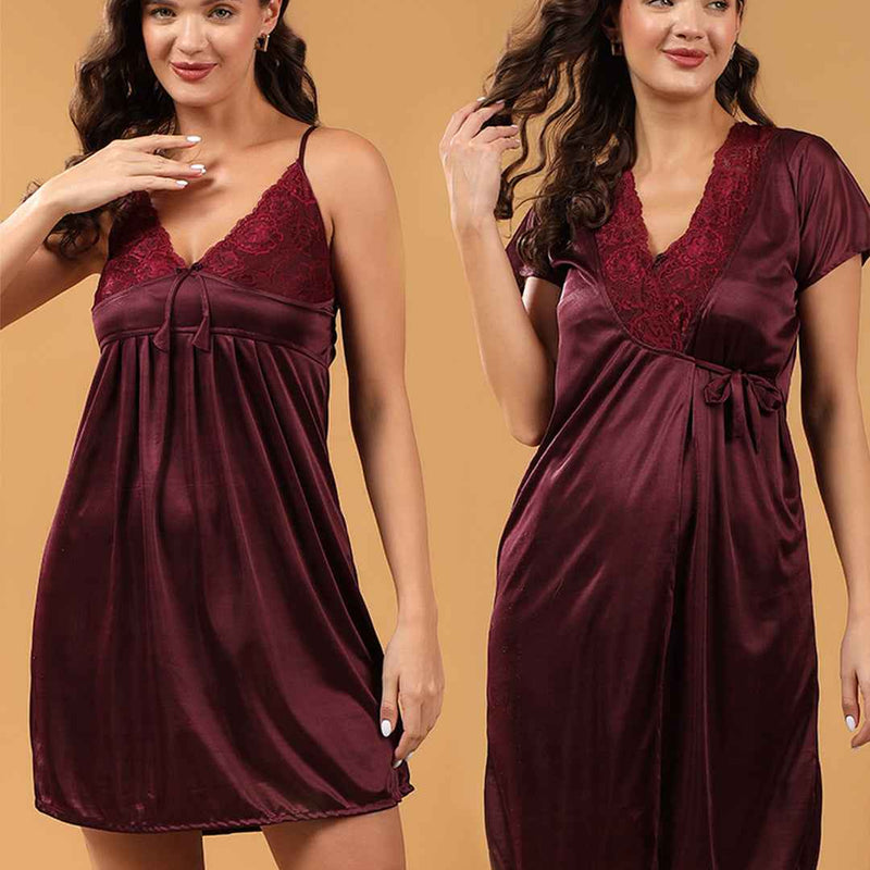 Women 2 Pieces Bridal Maroon Satin lace Self Design Night Wear Lingerie Babydoll Set