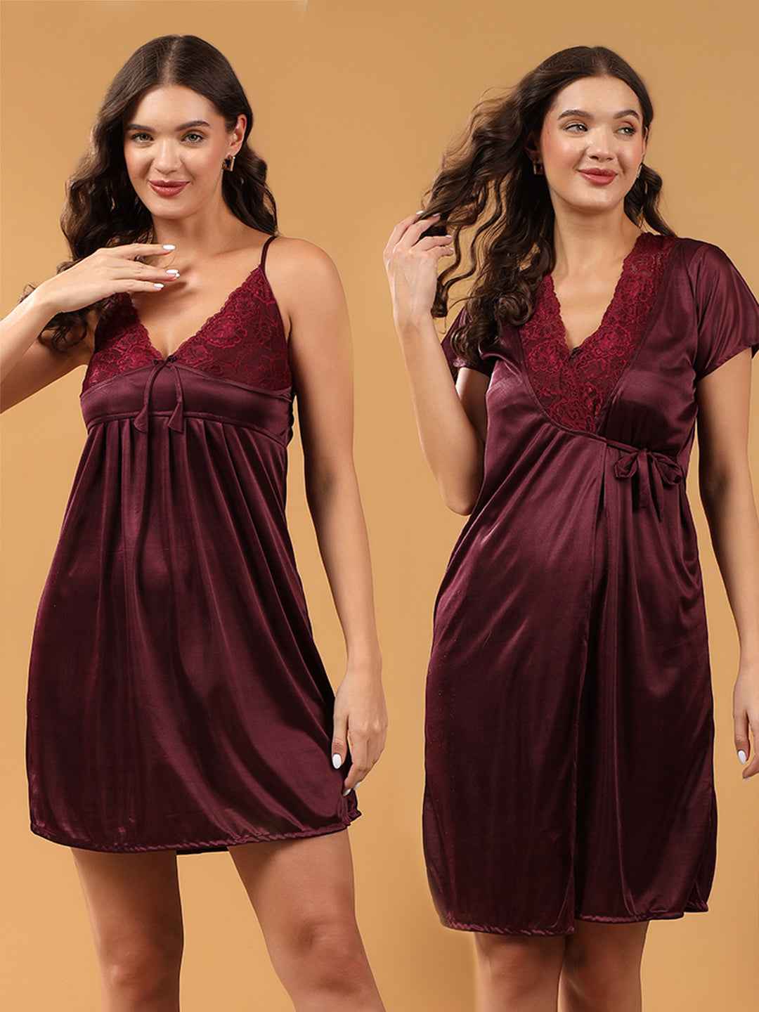 Women 2 Pieces Bridal Maroon Satin lace Self Design Night Wear Lingerie Babydoll Set