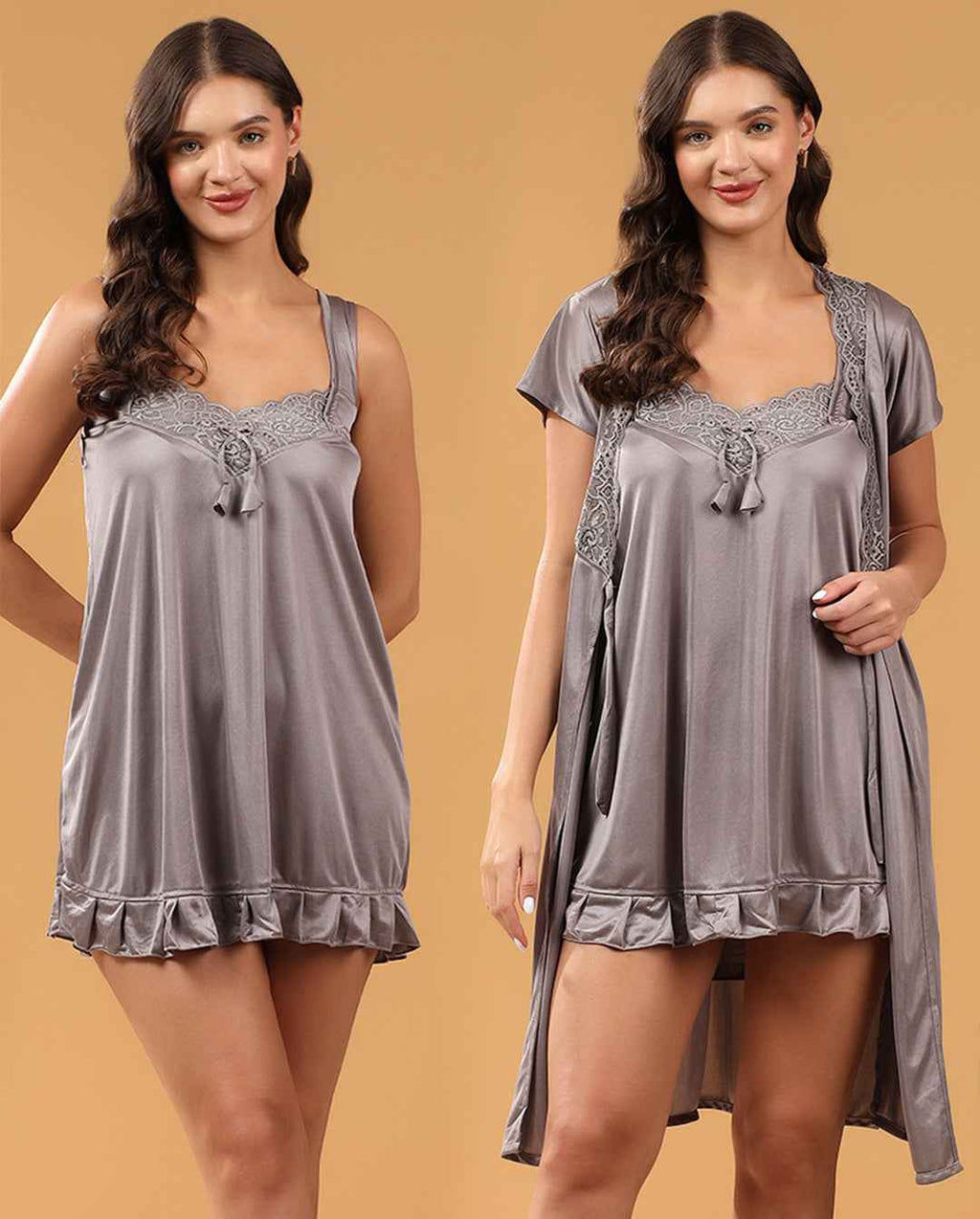 Women 2 Pieces Bridal Grey Satin lace Self Design Night Wear Lingerie Baby doll Set